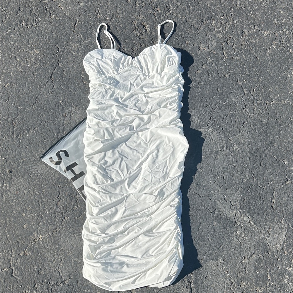 SHEIN White Spaghetti Strap Ruched Dress